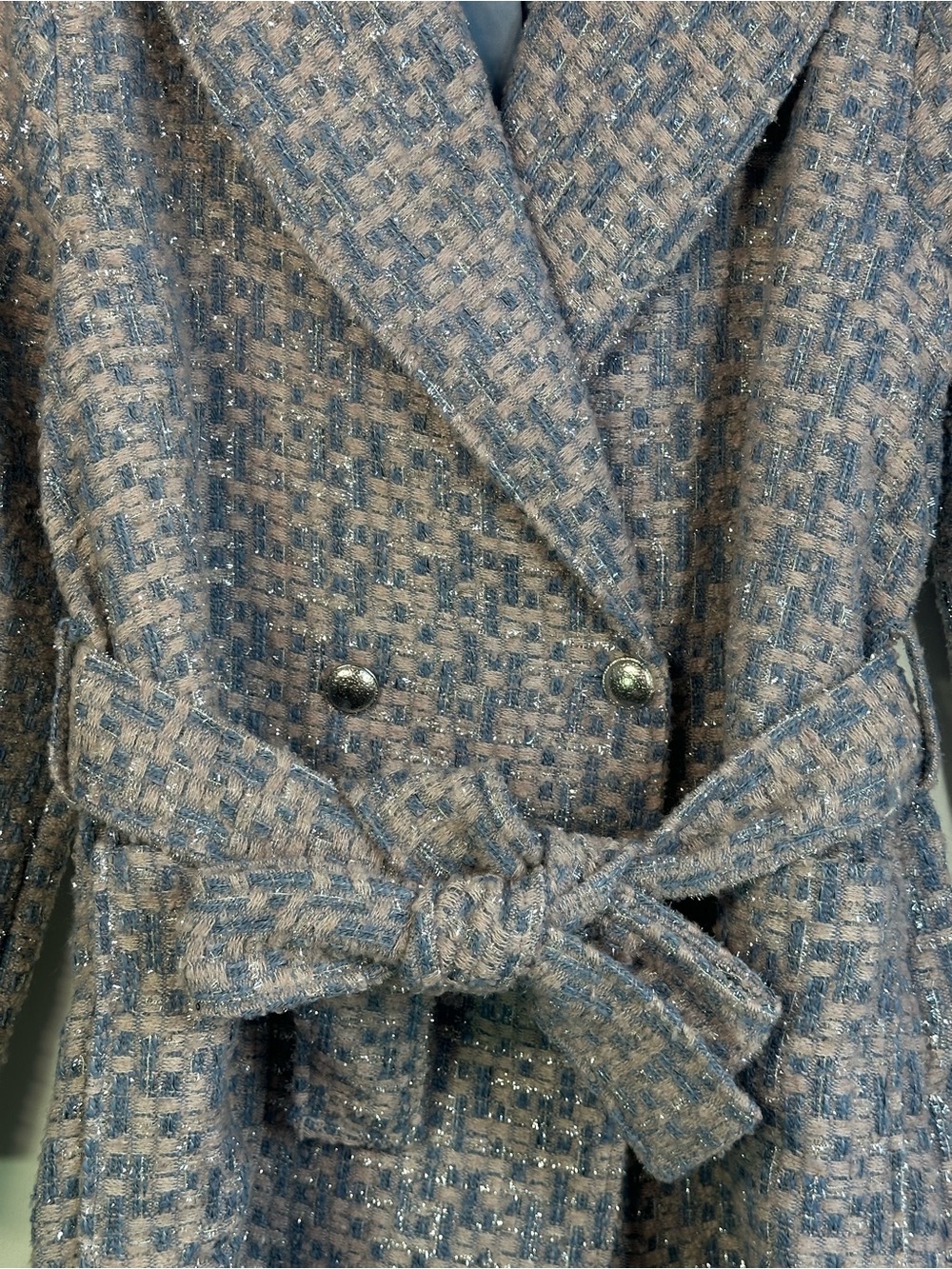 Kathy Ireland NWT Blue Pink Bouclé Tweed Belted Coat Women’s Large - Picture 3 of 5